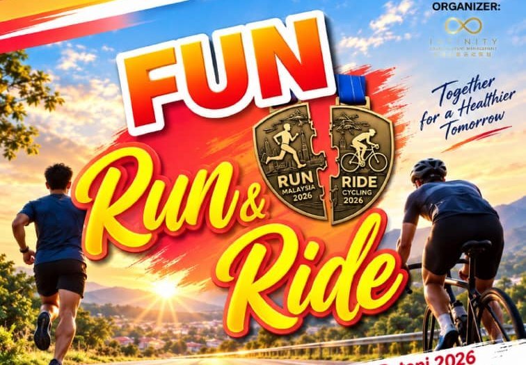Runner and cyclist at golden-hour sunrise on the FUN Run & Ride 2026 event poster, Sungai Petani