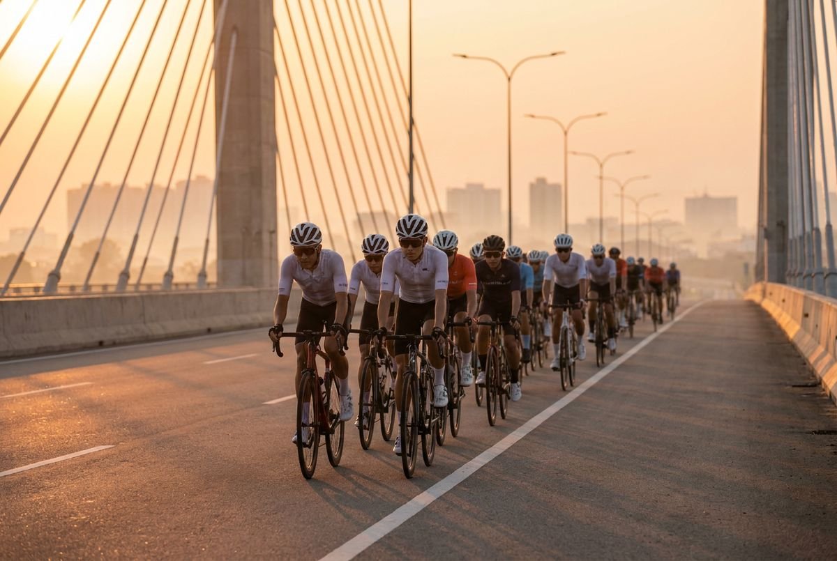 Road cyclists riding in a tight peloton across the Penang bridge at sunrise