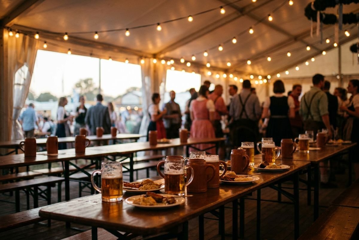 Oktoberfest-style beer tent interior with long wooden tables, steins and warm festoon lighting