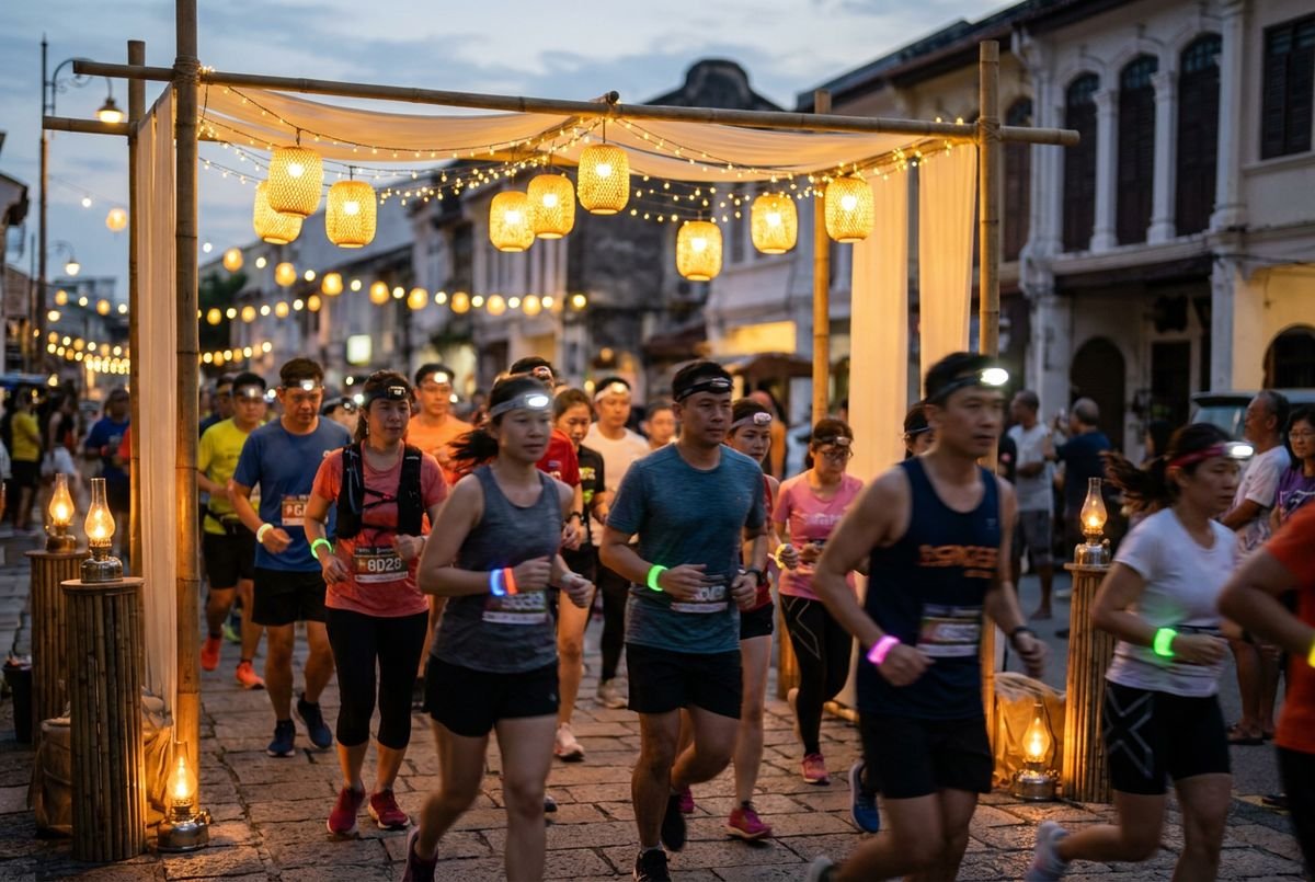 Runners with headlamps and glow bands crossing a lit night-run start line in Penang