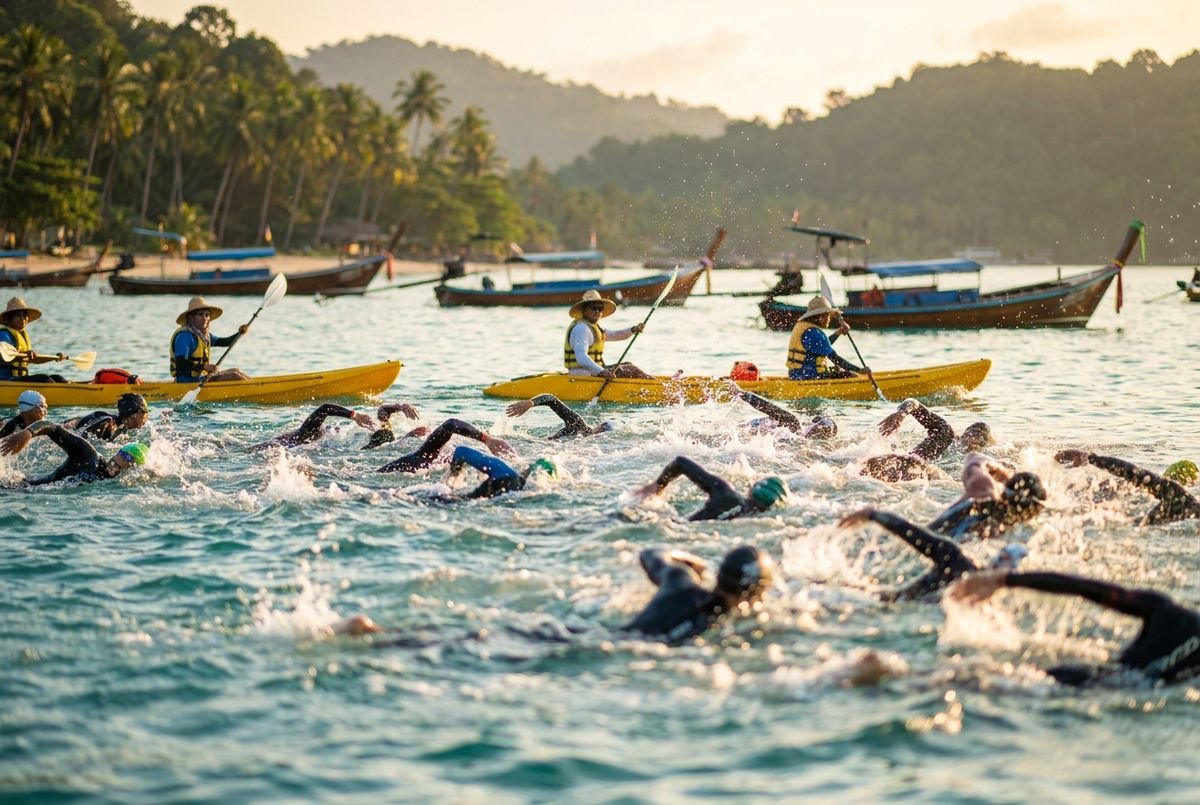 Open-water triathlon swim start with athletes churning through water and safety kayaks alongside
