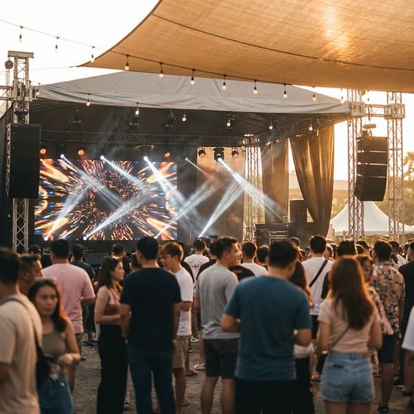 Concert-style stage with LED screen, moving lights and full sound rig facing an event crowd