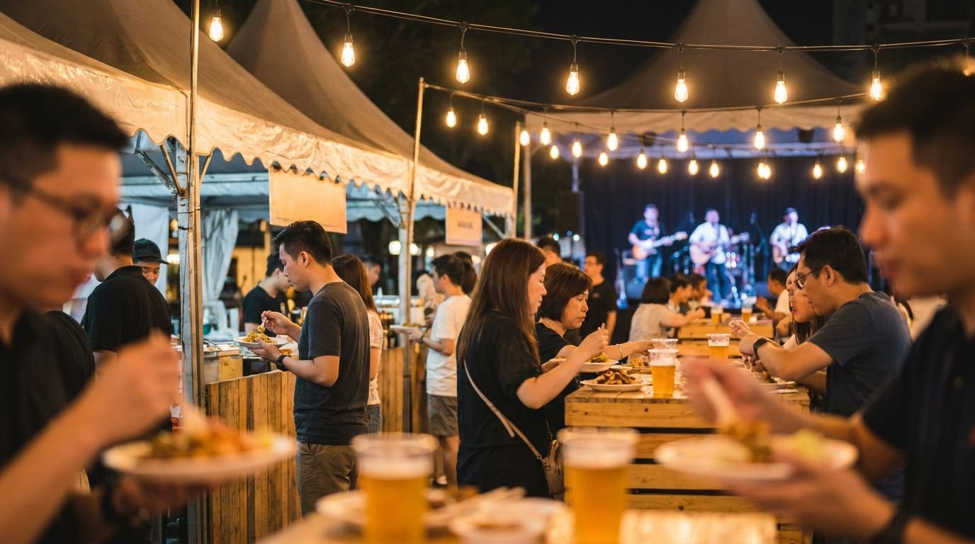 Night crowd at a Penang beer-and-food festival under strings of warm bulb lights, marquee tents and a busy stage in the background