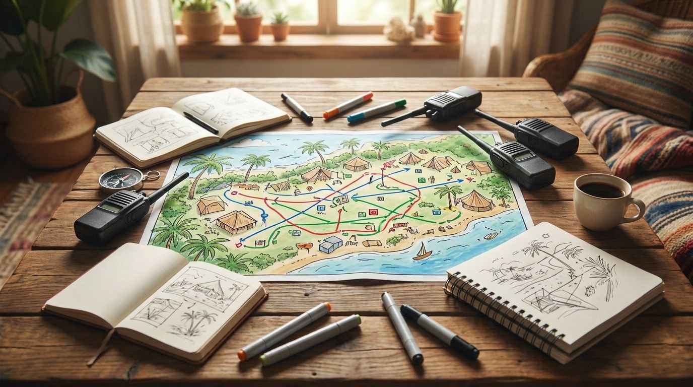 Overhead view of an event command table with a printed site map, radios and marker pens laid out for route and permit planning