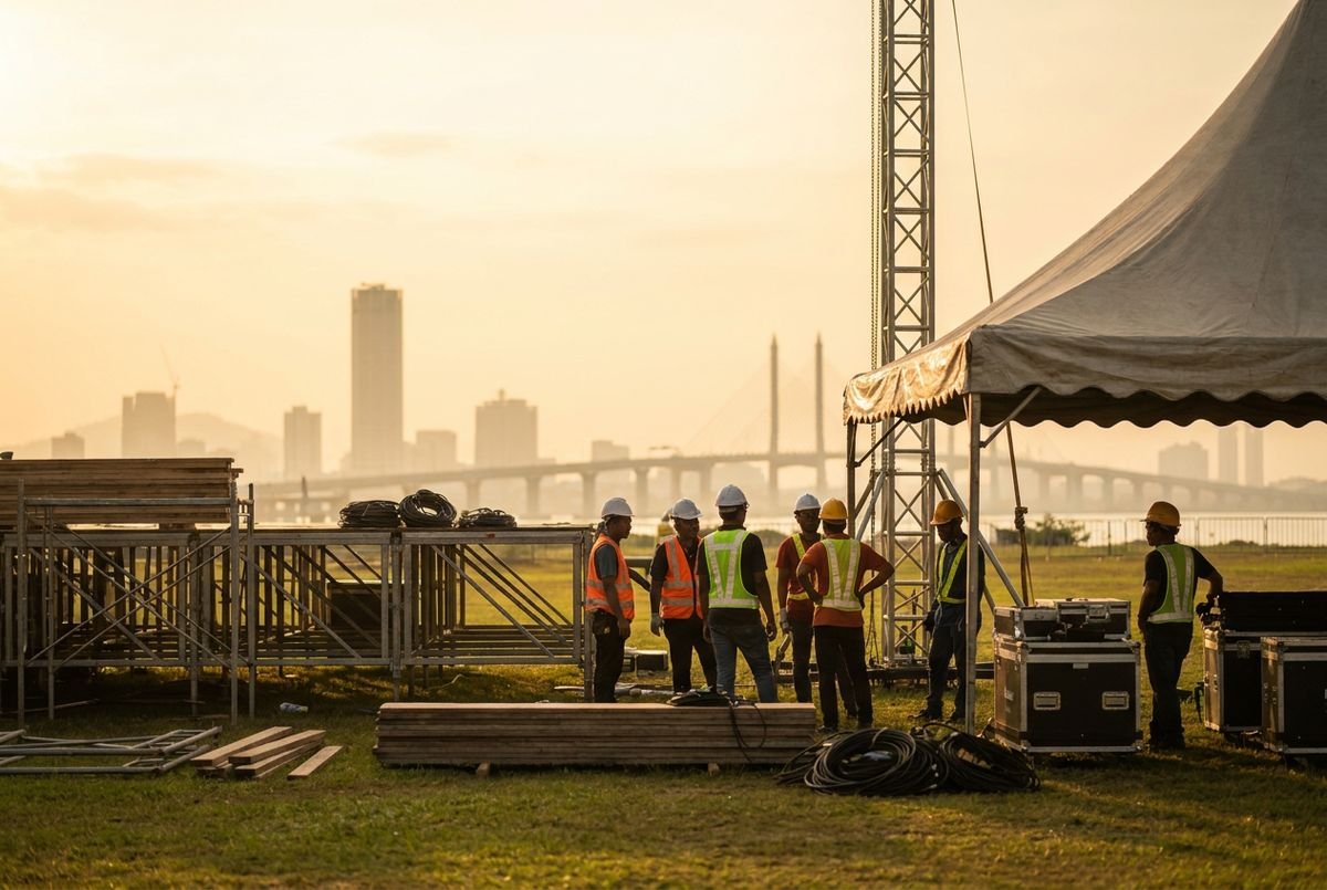 Event production crew assembling festival staging and a marquee tent at dawn with the Penang skyline in the distance
