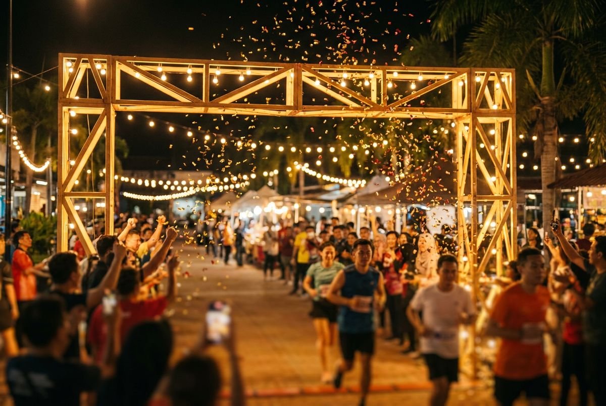 Illuminated finish-line arch at night with confetti in the air and a crowd cheering runners across the line