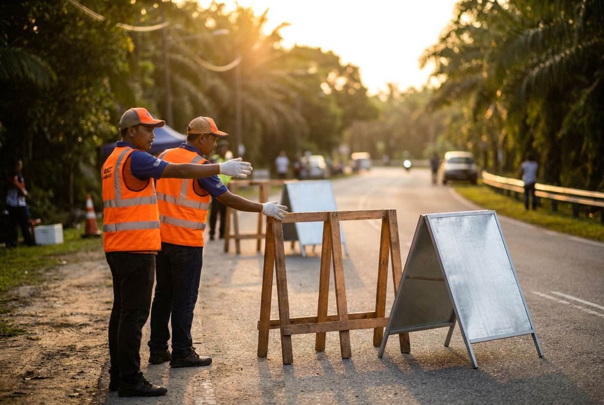Race marshals in high-visibility vests directing barricades and signage at a road-closure checkpoint